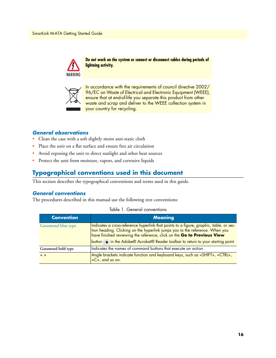 General observations, Typographical conventions used in this document, General conventions | Patton electronic Patton SmartLink M-ATA User Manual | Page 16 / 86