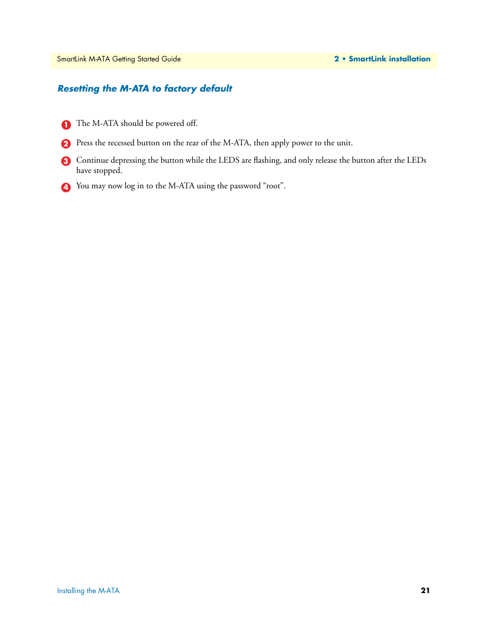 Resetting the m-ata to factory default | Patton electronic Patton SmartLink M-ATA User Manual | Page 21 / 86