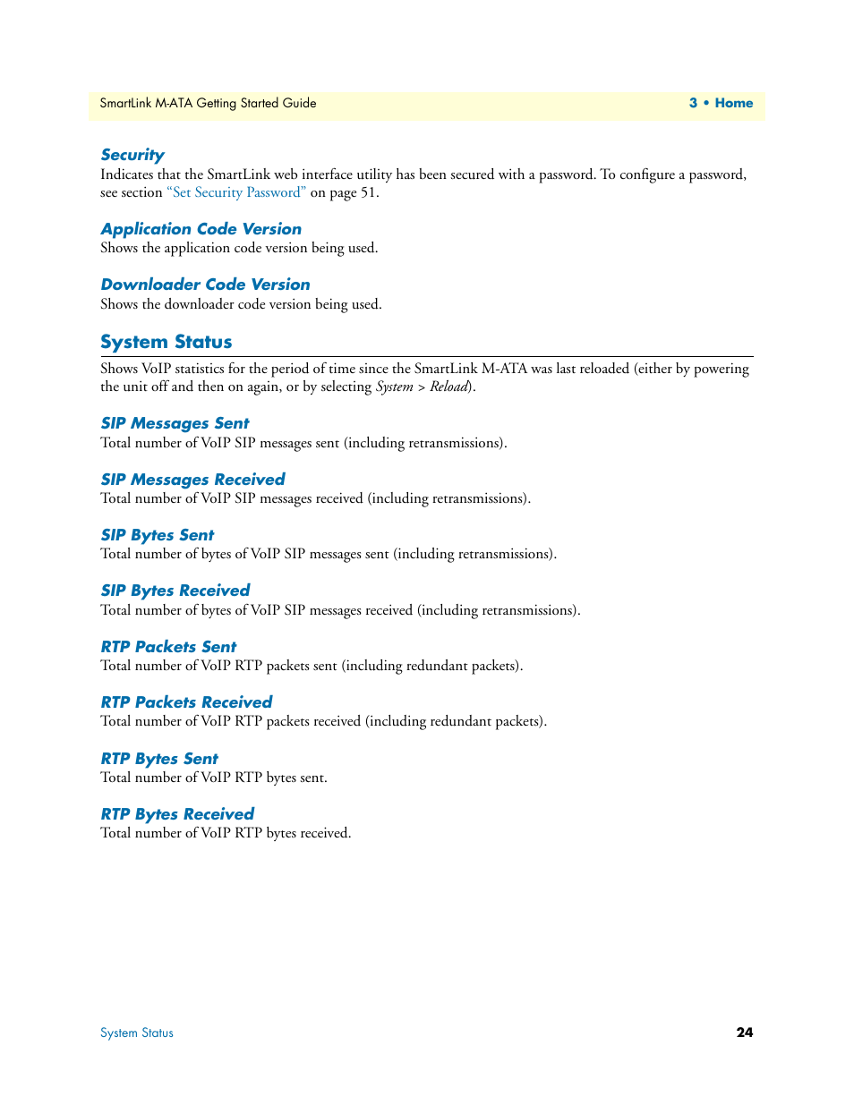 Security, Application code version, Downloader code version | System status, Sip messages sent, Sip messages received, Sip bytes sent, Sip bytes received, Rtp packets sent, Rtp packets received | Patton electronic Patton SmartLink M-ATA User Manual | Page 24 / 86