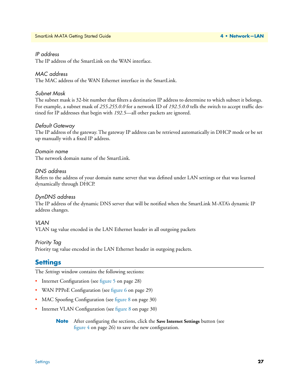 Ip address, Mac address, Subnet mask | Default gateway, Domain name, Dns address, Dyndns address, Vlan, Priority tag, Settings | Patton electronic Patton SmartLink M-ATA User Manual | Page 27 / 86
