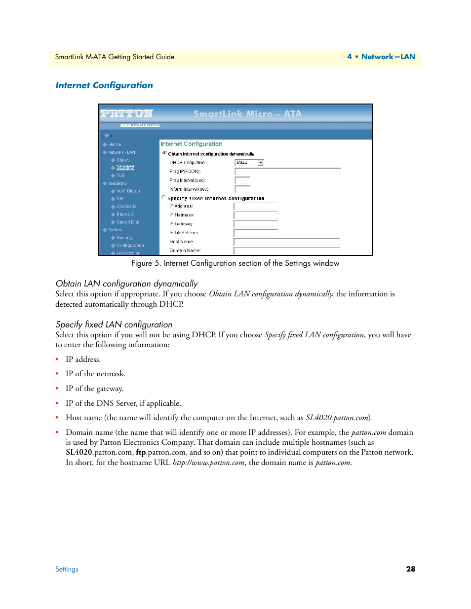 Internet configuration, Obtain lan configuration dynamically, Specify fixed lan configuration | Patton electronic Patton SmartLink M-ATA User Manual | Page 28 / 86