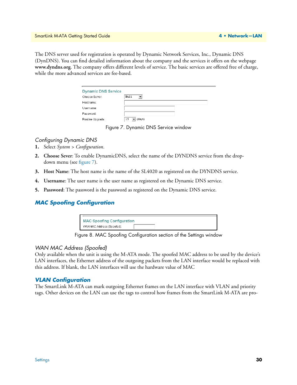 Configuring dynamic dns, Mac spoofing configuration, Wan mac address (spoofed) | Vlan configuration, Dynamic dns service window | Patton electronic Patton SmartLink M-ATA User Manual | Page 30 / 86