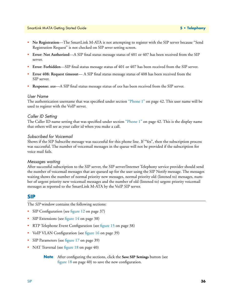 User name, Caller id setting, Subscribed for voicemail | Messages waiting | Patton electronic Patton SmartLink M-ATA User Manual | Page 36 / 86
