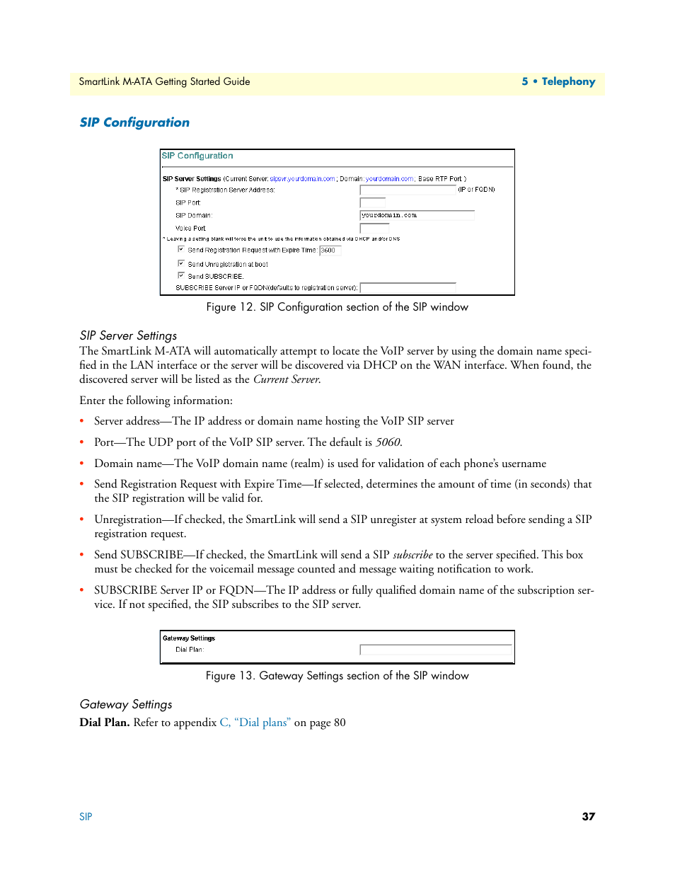 Sip configuration, Sip server settings, Gateway settings | Dial plan, Sip configuration section of the sip window, Gateway settings section of the sip window, Sip configuration (see, Figure 12 | Patton electronic Patton SmartLink M-ATA User Manual | Page 37 / 86