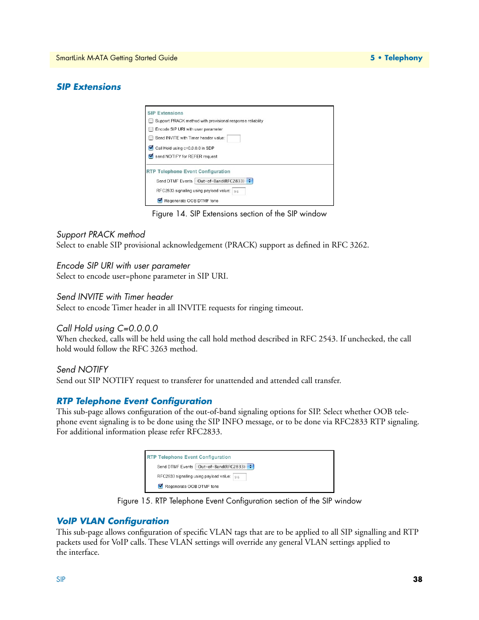 Sip extensions, Support prack method, Encode sip uri with user parameter | Send invite with timer header, Call hold using c=0.0.0.0, Send notify, Rtp telephone event configuration, Voip vlan configuration, Sip extensions section of the sip window, Xtensions (see | Patton electronic Patton SmartLink M-ATA User Manual | Page 38 / 86