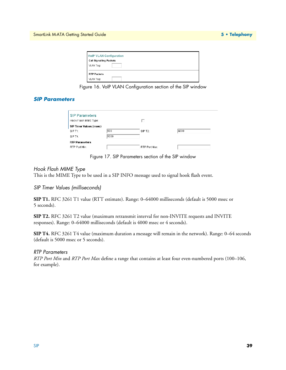 Sip parameters, Hook flash mime type, Sip timer values (milliseconds) | Rtp parameters, Sip t1, Sip t2, Sip t4, Voip vlan configuration section of the sip window, Sip parameters section of the sip window, Figure 16 | Patton electronic Patton SmartLink M-ATA User Manual | Page 39 / 86