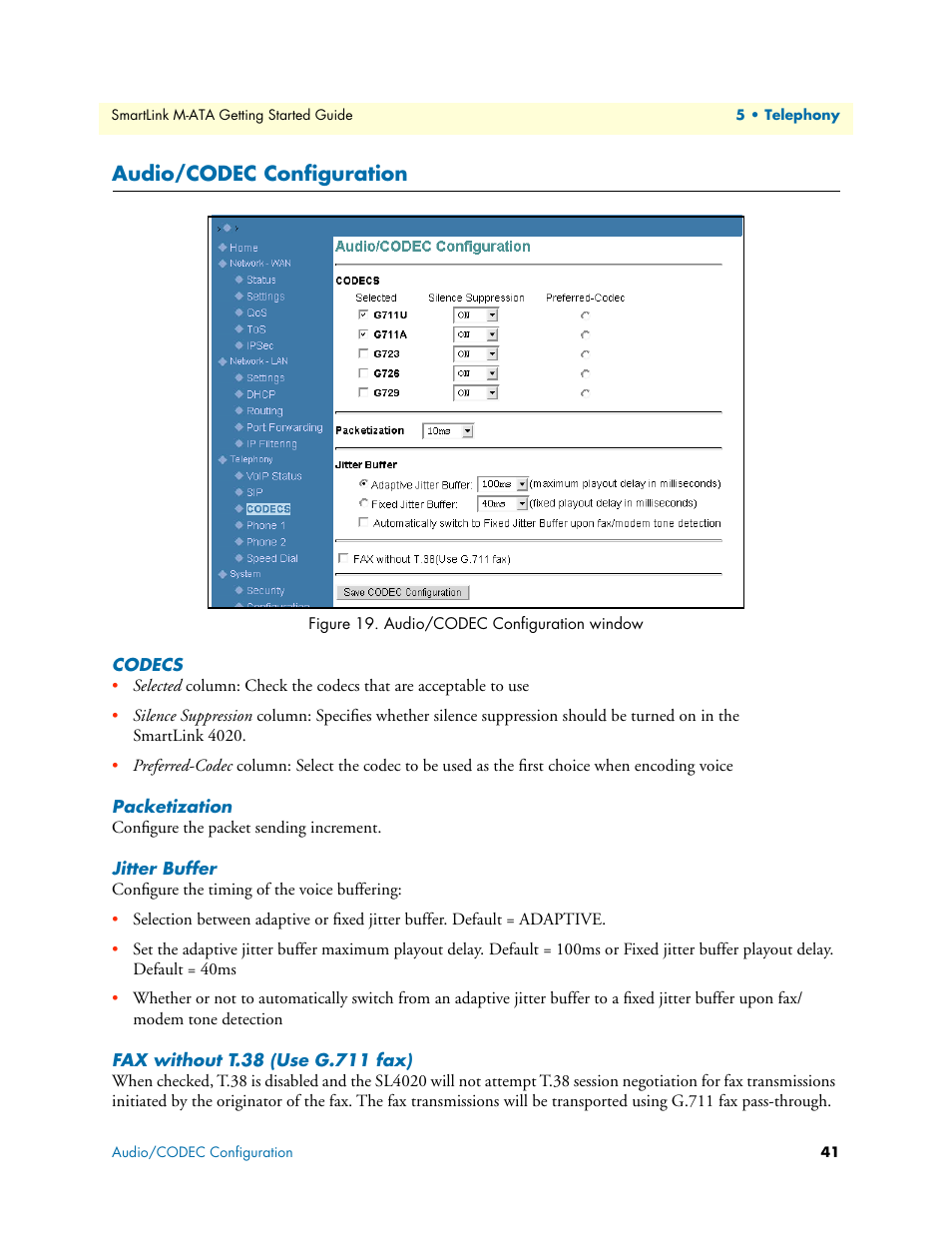 Audio/codec configuration, Codecs, Packetization | Jitter buffer, Fax without t.38 (use g.711 fax), Audio/codec configuration window | Patton electronic Patton SmartLink M-ATA User Manual | Page 41 / 86