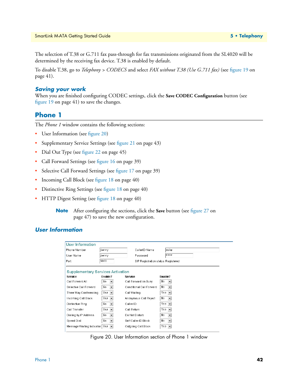 Saving your work, Phone 1, User information | User information section of phone 1 window | Patton electronic Patton SmartLink M-ATA User Manual | Page 42 / 86