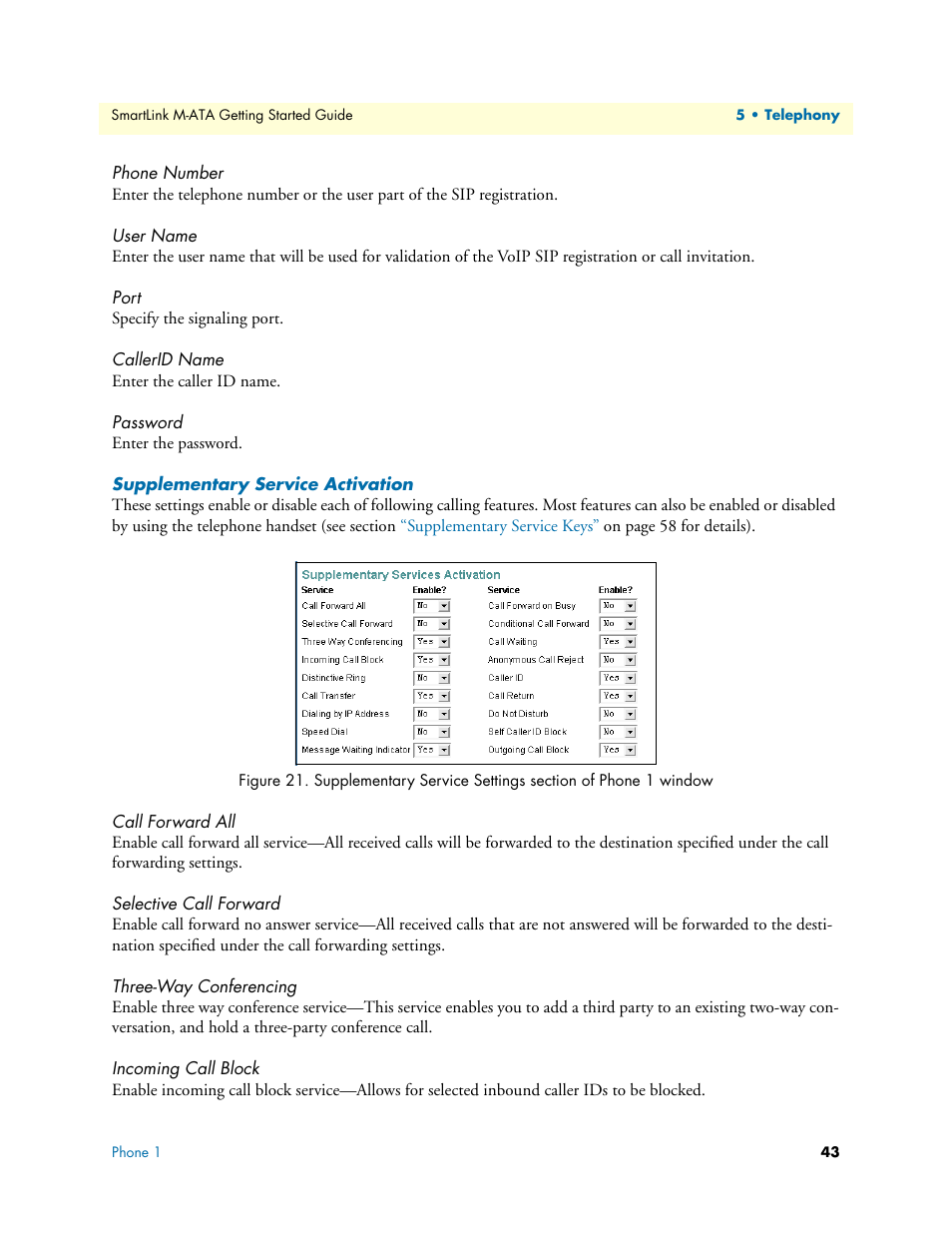 Phone number, User name, Port | Callerid name, Password, Supplementary service activation, Call forward all, Selective call forward, Three-way conferencing, Incoming call block | Patton electronic Patton SmartLink M-ATA User Manual | Page 43 / 86