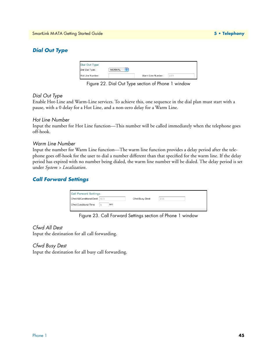 Dial out type, Hot line number, Warm line number | Call forward settings, Cfwd all dest, Cfwd busy dest, Dial out type section of phone 1 window, Call forward settings section of phone 1 window, Figure 22 | Patton electronic Patton SmartLink M-ATA User Manual | Page 45 / 86