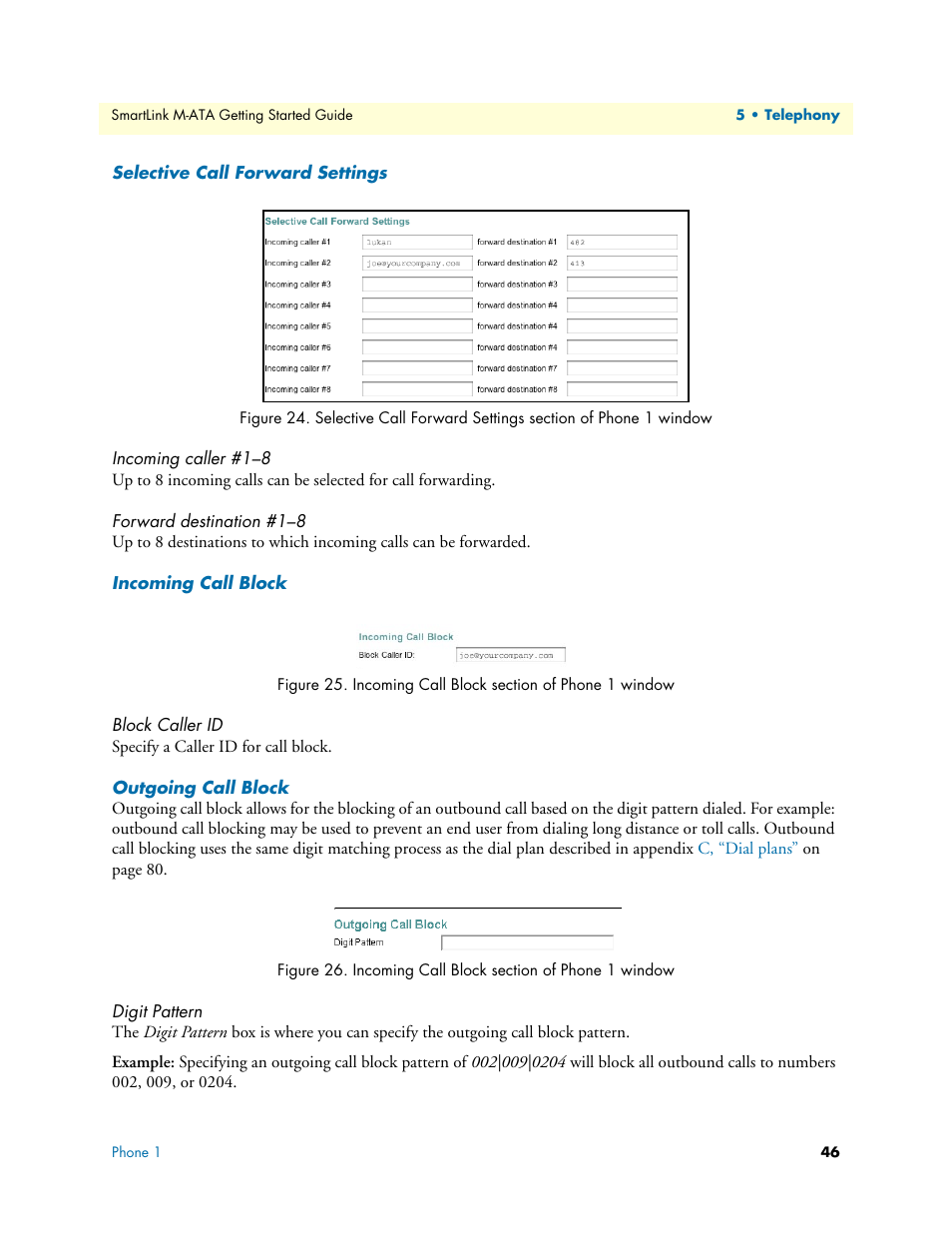 Selective call forward settings, Incoming caller #1–8, Forward destination #1–8 | Incoming call block, Block caller id, Outgoing call block, Digit pattern, Incoming call block section of phone 1 window | Patton electronic Patton SmartLink M-ATA User Manual | Page 46 / 86