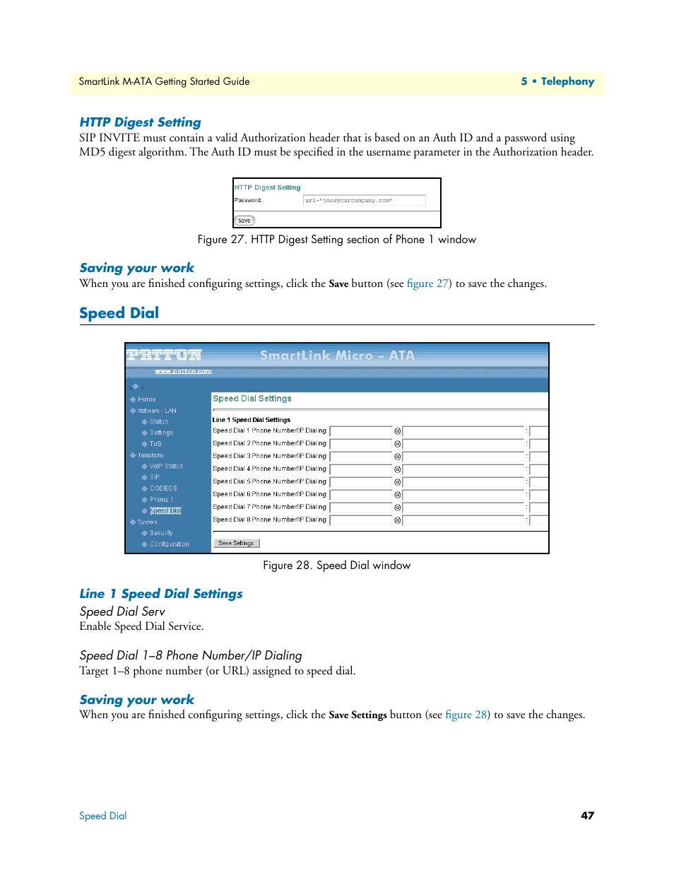 Http digest setting, Saving your work, Speed dial | Line 1 speed dial settings, Speed dial serv, Speed dial 1–8 phone number/ip dialing, Http digest setting section of phone 1 window, Speed dial window, Button (see, Figure 27 | Patton electronic Patton SmartLink M-ATA User Manual | Page 47 / 86