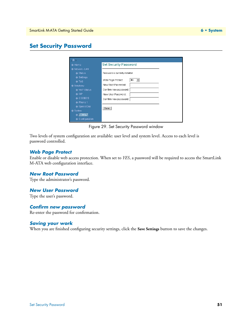 Set security password, New root password, New user password | Confirm new password, Saving your work, Set security password window | Patton electronic Patton SmartLink M-ATA User Manual | Page 51 / 86