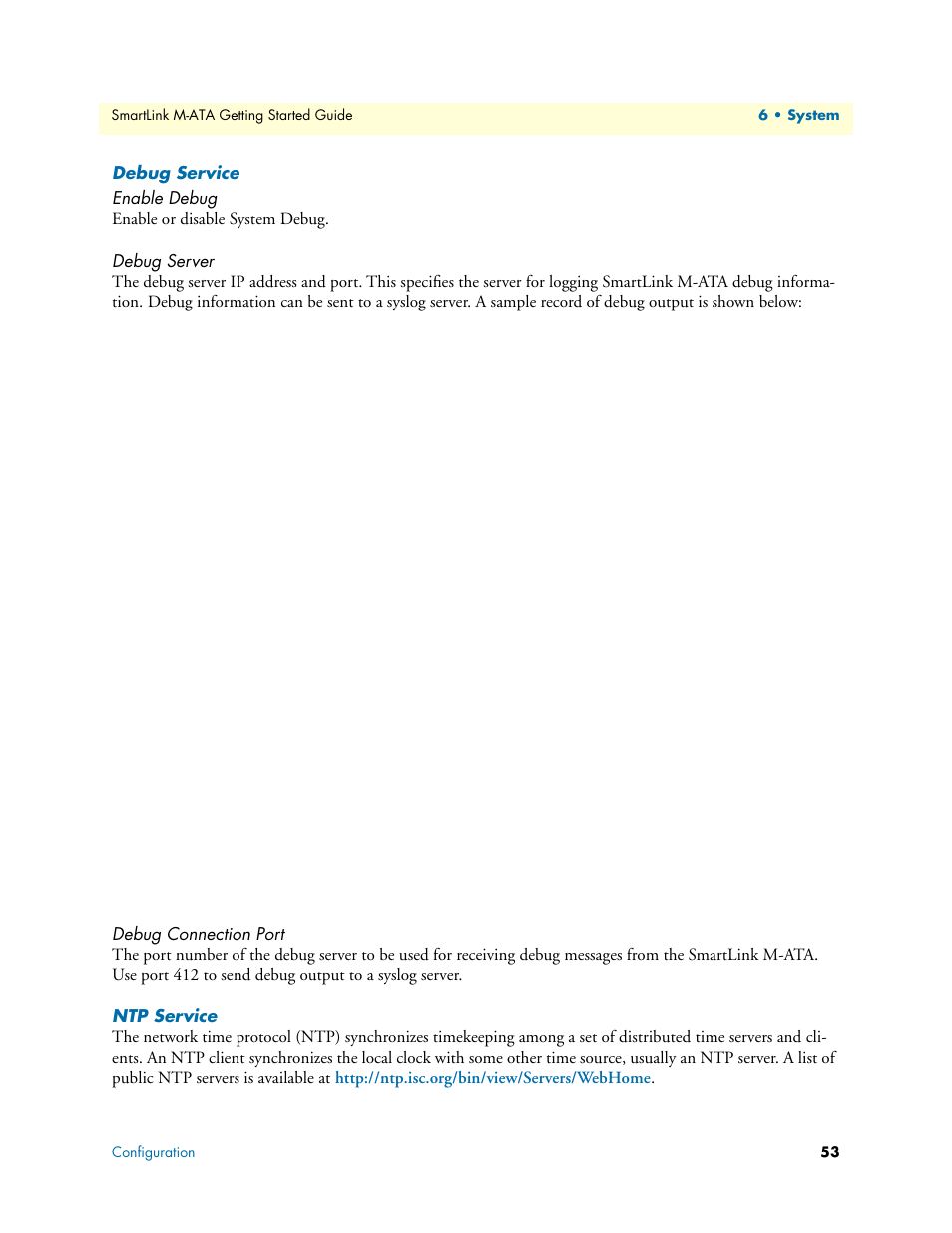 Debug service, Enable debug, Debug server | Debug connection port, Ntp service | Patton electronic Patton SmartLink M-ATA User Manual | Page 53 / 86