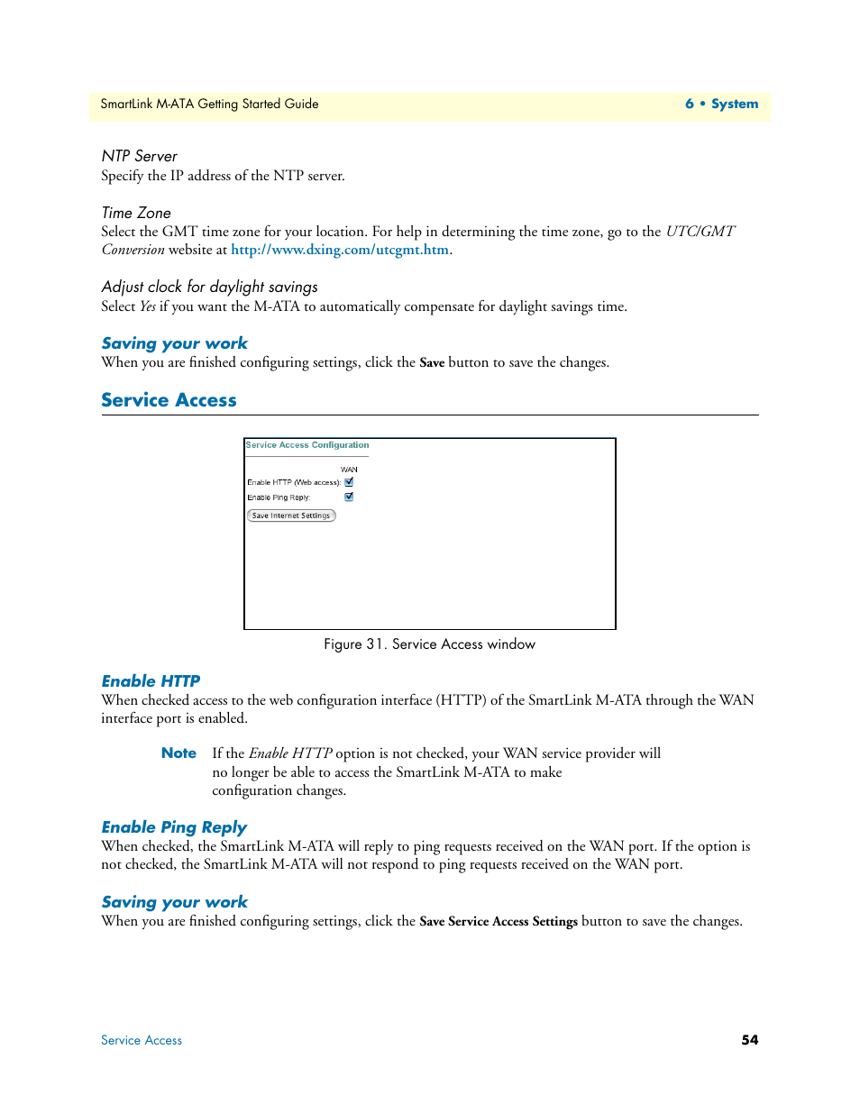 Ntp server, Time zone, Adjust clock for daylight savings | Saving your work, Service access, Enable http, Enable ping reply, Service access window | Patton electronic Patton SmartLink M-ATA User Manual | Page 54 / 86