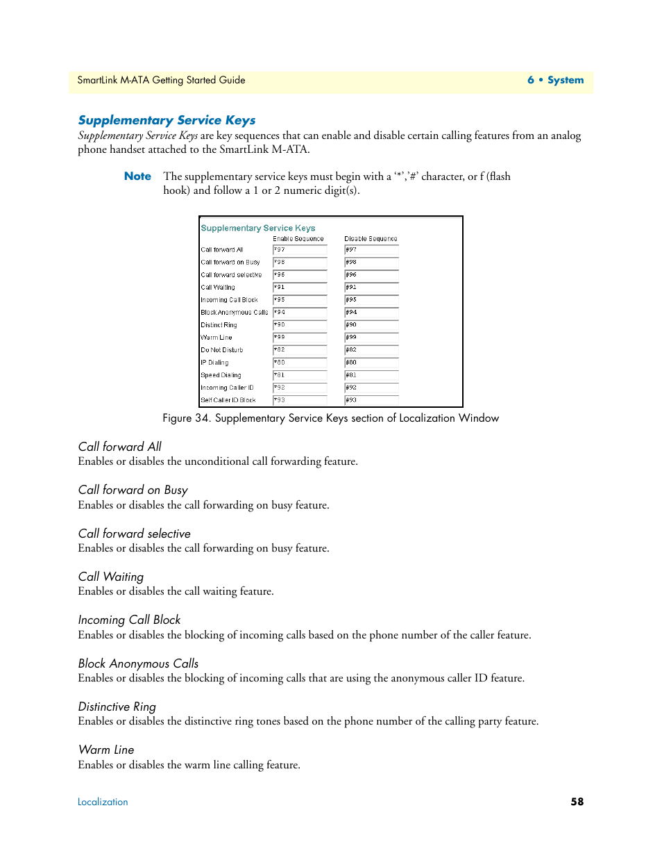 Supplementary service keys, Call forward all, Call forward on busy | Call forward selective, Call waiting, Incoming call block, Block anonymous calls, Distinctive ring, Warm line, Eys (see | Patton electronic Patton SmartLink M-ATA User Manual | Page 58 / 86