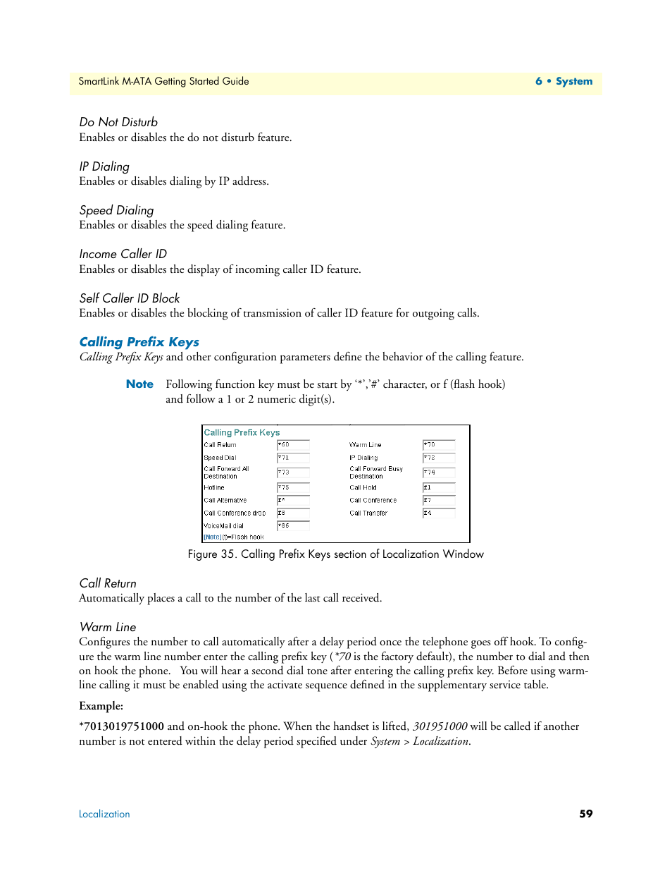 Do not disturb, Ip dialing, Speed dialing | Income caller id, Self caller id block, Calling prefix keys, Call return, Warm line, Calling prefix keys section of localization window | Patton electronic Patton SmartLink M-ATA User Manual | Page 59 / 86