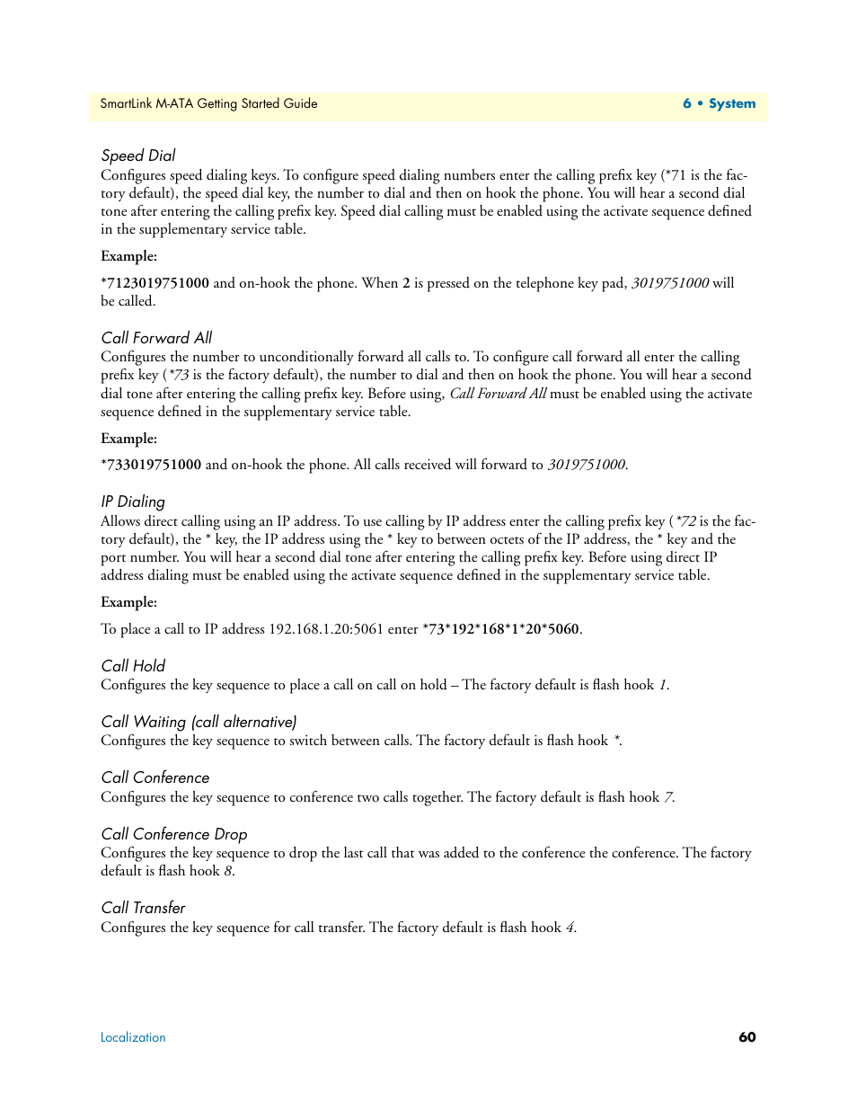 Speed dial, Call forward all, Ip dialing | Call hold, Call waiting (call alternative), Call conference, Call conference drop, Call transfer | Patton electronic Patton SmartLink M-ATA User Manual | Page 60 / 86