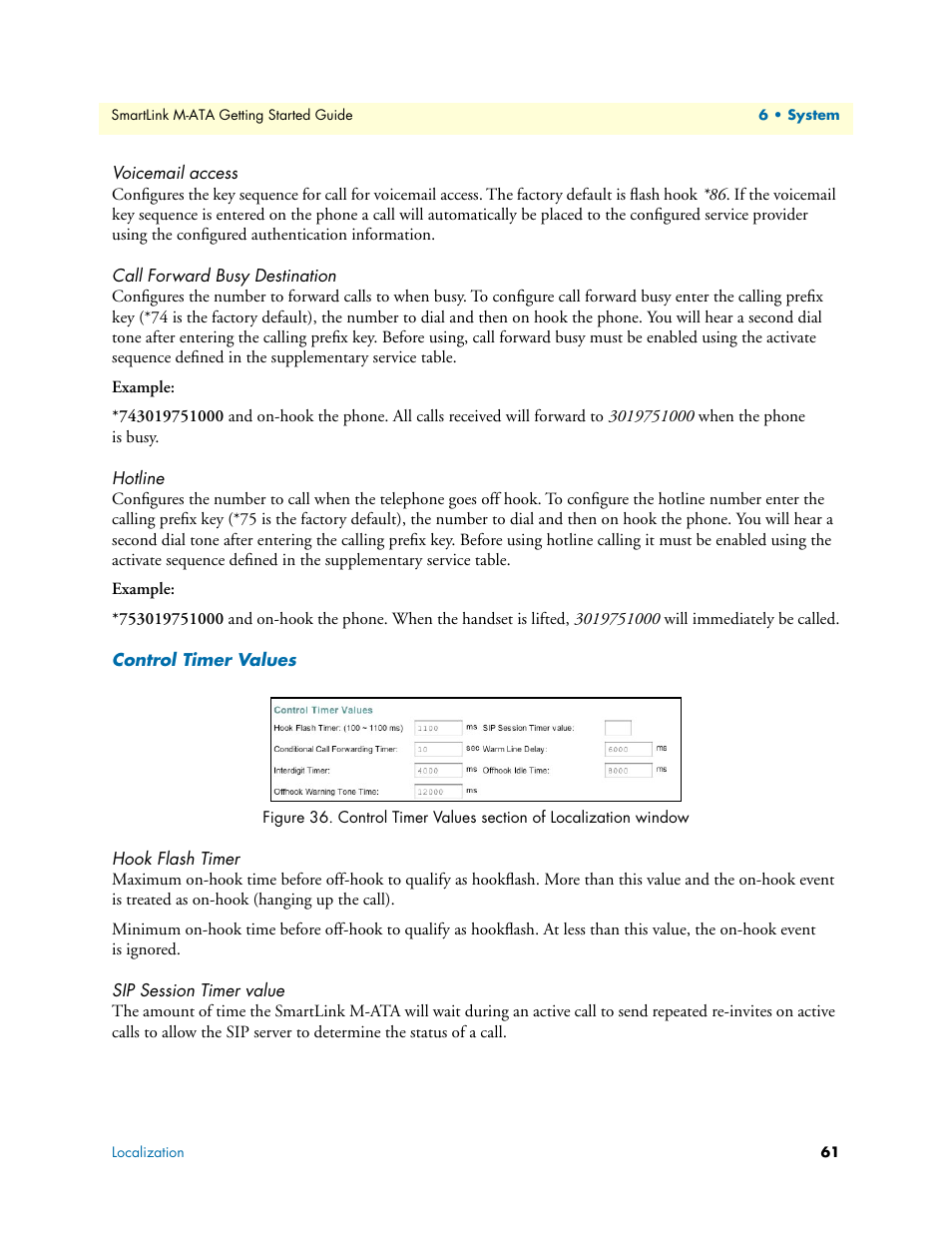 Voicemail access, Call forward busy destination, Hotline | Control timer values, Hook flash timer, Sip session timer value, Figure 36 | Patton electronic Patton SmartLink M-ATA User Manual | Page 61 / 86