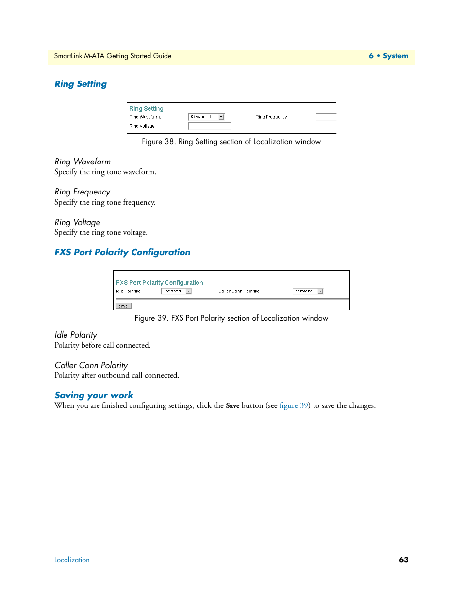 Ring setting, Ring waveform, Ring frequency | Ring voltage, Fxs port polarity configuration, Idle polarity, Caller conn polarity, Saving your work, Ring setting section of localization window, Fxs port polarity section of localization window | Patton electronic Patton SmartLink M-ATA User Manual | Page 63 / 86