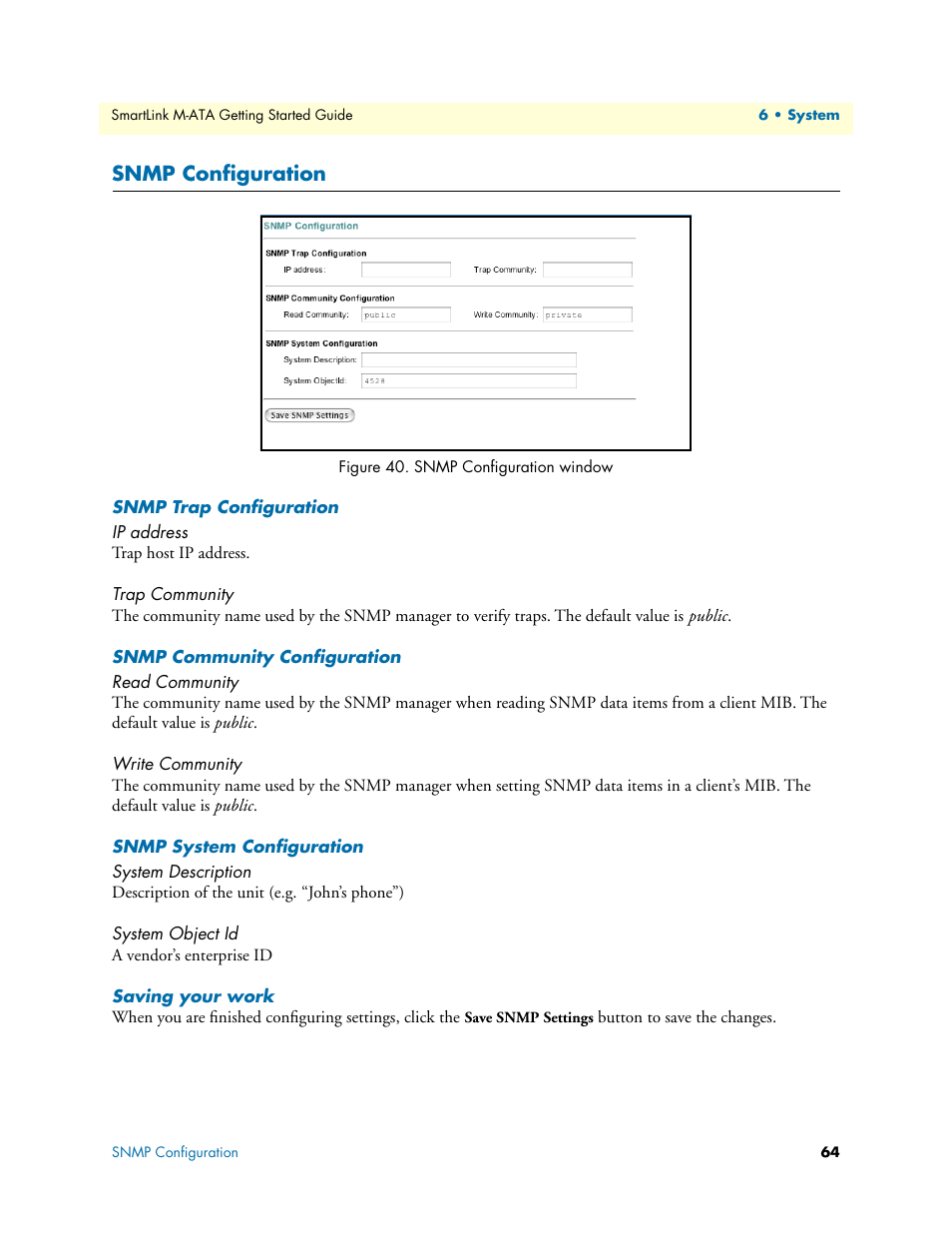 Snmp configuration, Snmp trap configuration, Ip address | Trap community, Snmp community configuration, Read community, Write community, Snmp system configuration, System description, System object id | Patton electronic Patton SmartLink M-ATA User Manual | Page 64 / 86