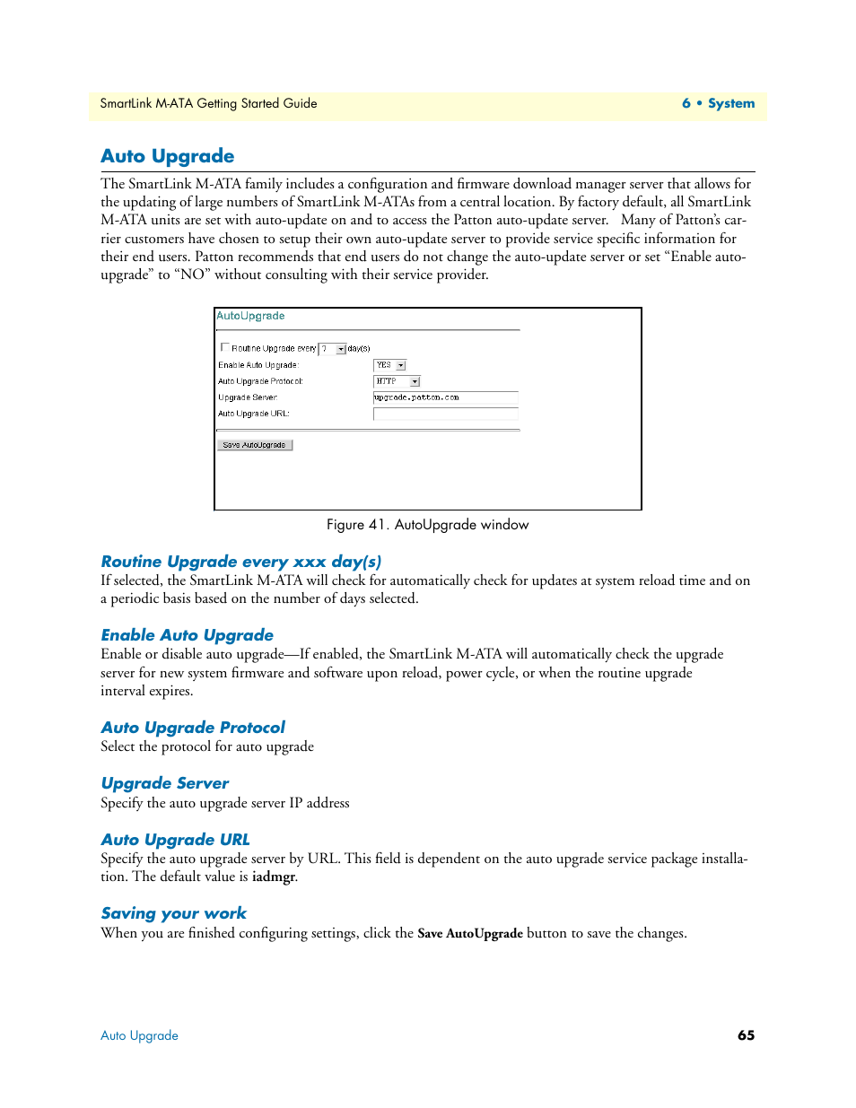 Auto upgrade, Routine upgrade every xxx day(s), Enable auto upgrade | Auto upgrade protocol, Upgrade server, Auto upgrade url, Saving your work, Autoupgrade window | Patton electronic Patton SmartLink M-ATA User Manual | Page 65 / 86