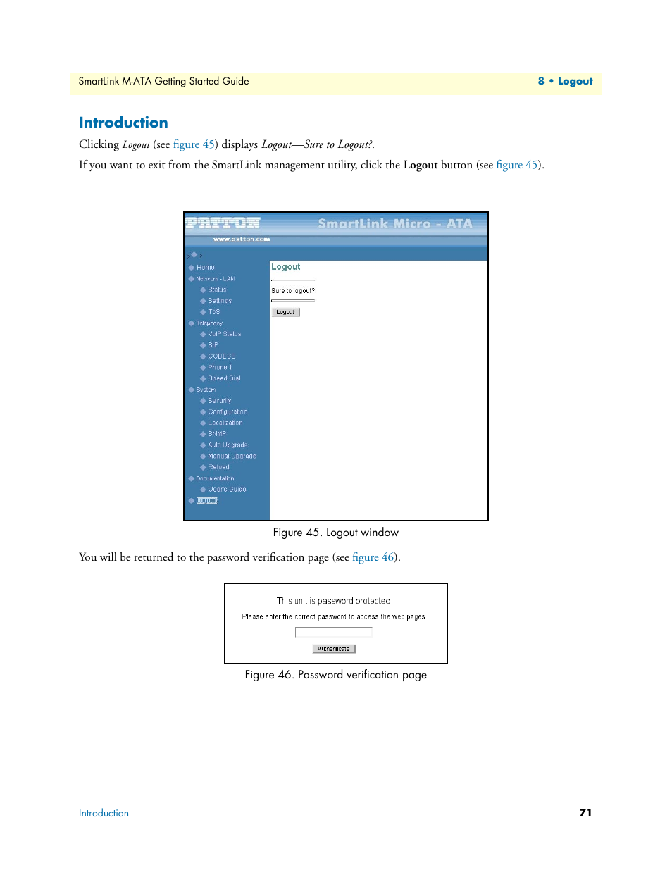 Introduction, Logout window | Patton electronic Patton SmartLink M-ATA User Manual | Page 71 / 86