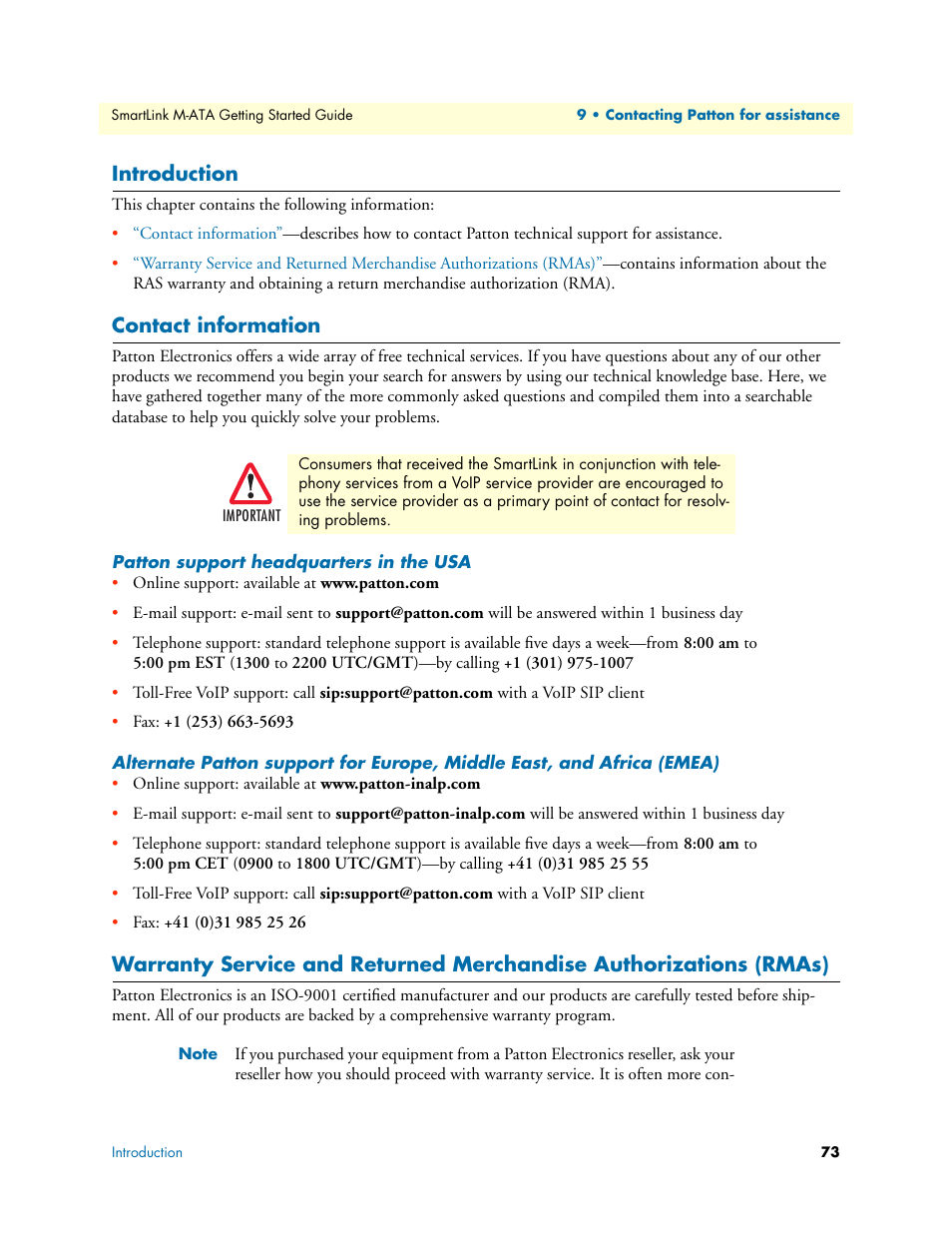 Introduction, Contact information, Patton support headquarters in the usa | Patton electronic Patton SmartLink M-ATA User Manual | Page 73 / 86