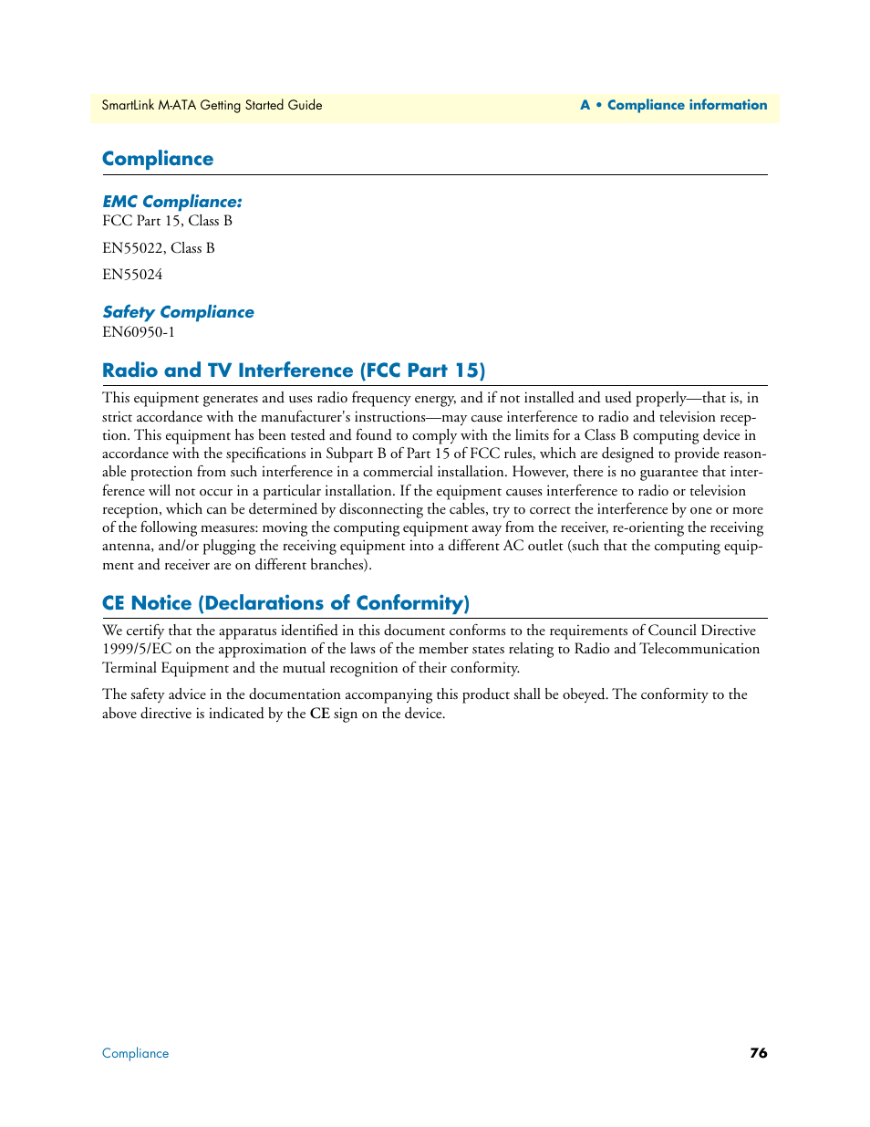 Compliance, Emc compliance, Safety compliance | Radio and tv interference (fcc part 15), Ce notice (declarations of conformity) | Patton electronic Patton SmartLink M-ATA User Manual | Page 76 / 86