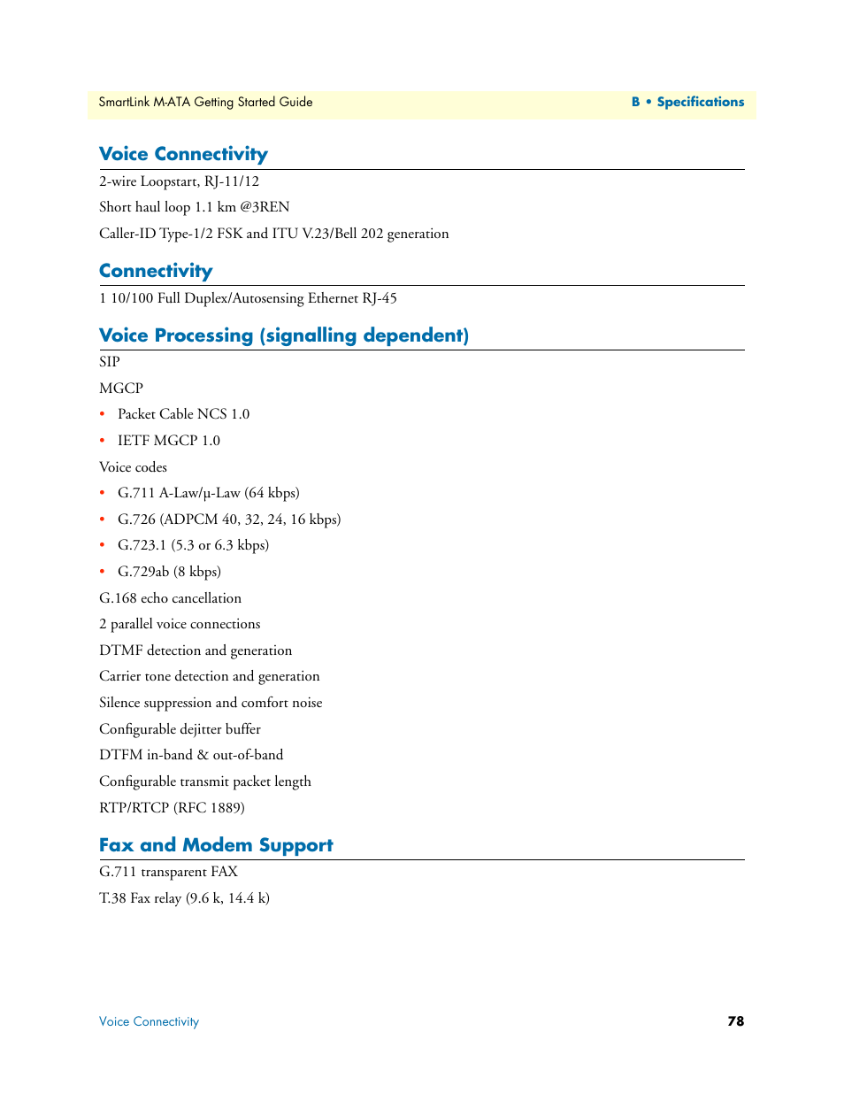 Voice connectivity, Connectivity, Voice processing (signalling dependent) | Fax and modem support | Patton electronic Patton SmartLink M-ATA User Manual | Page 78 / 86