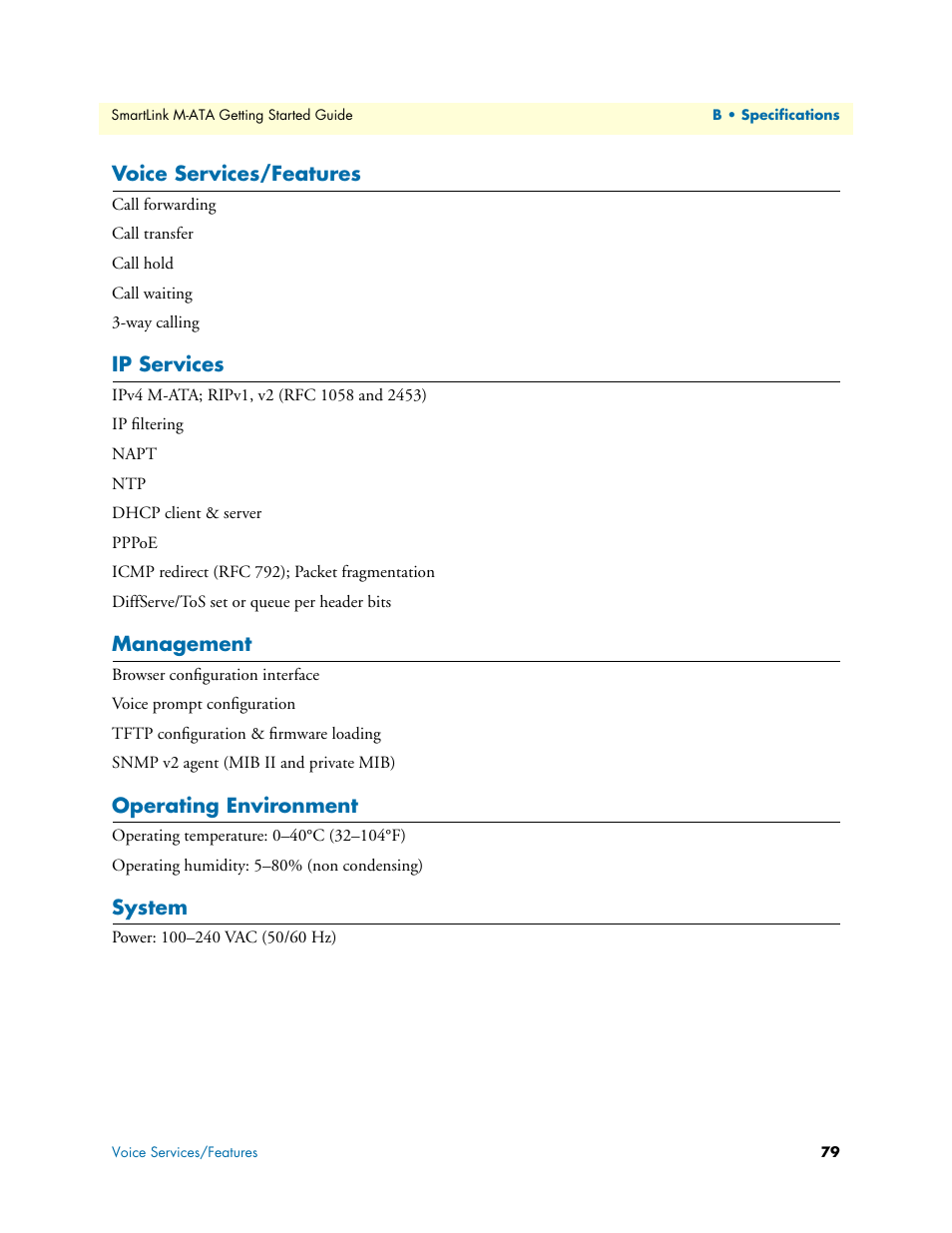 Voice services/features, Ip services, Management | Operating environment, System | Patton electronic Patton SmartLink M-ATA User Manual | Page 79 / 86