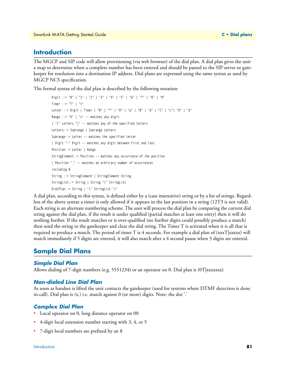 Introduction, Sample dial plans, Simple dial plan | Non-dialed line dial plan, Complex dial plan | Patton electronic Patton SmartLink M-ATA User Manual | Page 81 / 86