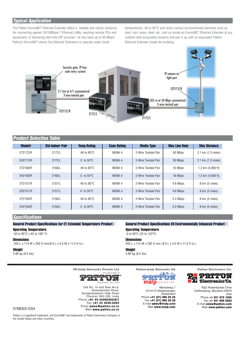Specifications typical application, Product selection table, Model | Std indoor pair, Temp rating, Case rating, Media type, Max line rate, Max distance, Dimensions | Patton electronic EnviroNet Ethernet Extenders User Manual | Page 2 / 2