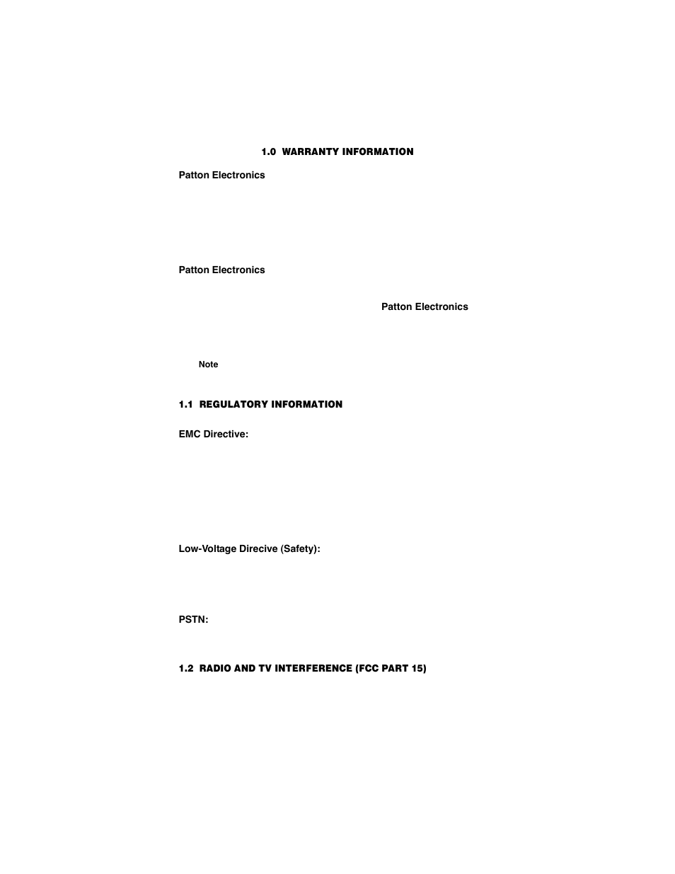 0 warranty information, 1 regulatory information, Emc directive | Low-voltage direcive (safety), Pstn, 2 radio and tv interference (fcc part 15), Warranty information, Regulatory information, Emc directive: low-voltage direcive (safety): pstn, Radio and tv interference (fcc part 15) | Patton electronic COPPERLINK 2151 User Manual | Page 4 / 20