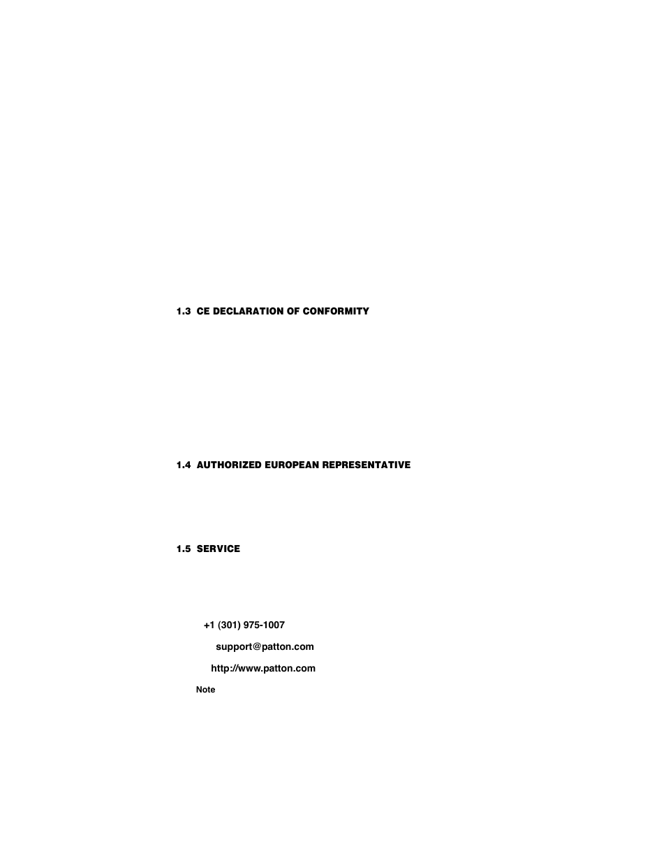 3 ce declaration of conformity, 4 authorized european representative, 5 service | Ce declaration of conformity, Authorized european representative, Service | Patton electronic COPPERLINK 2151 User Manual | Page 5 / 20