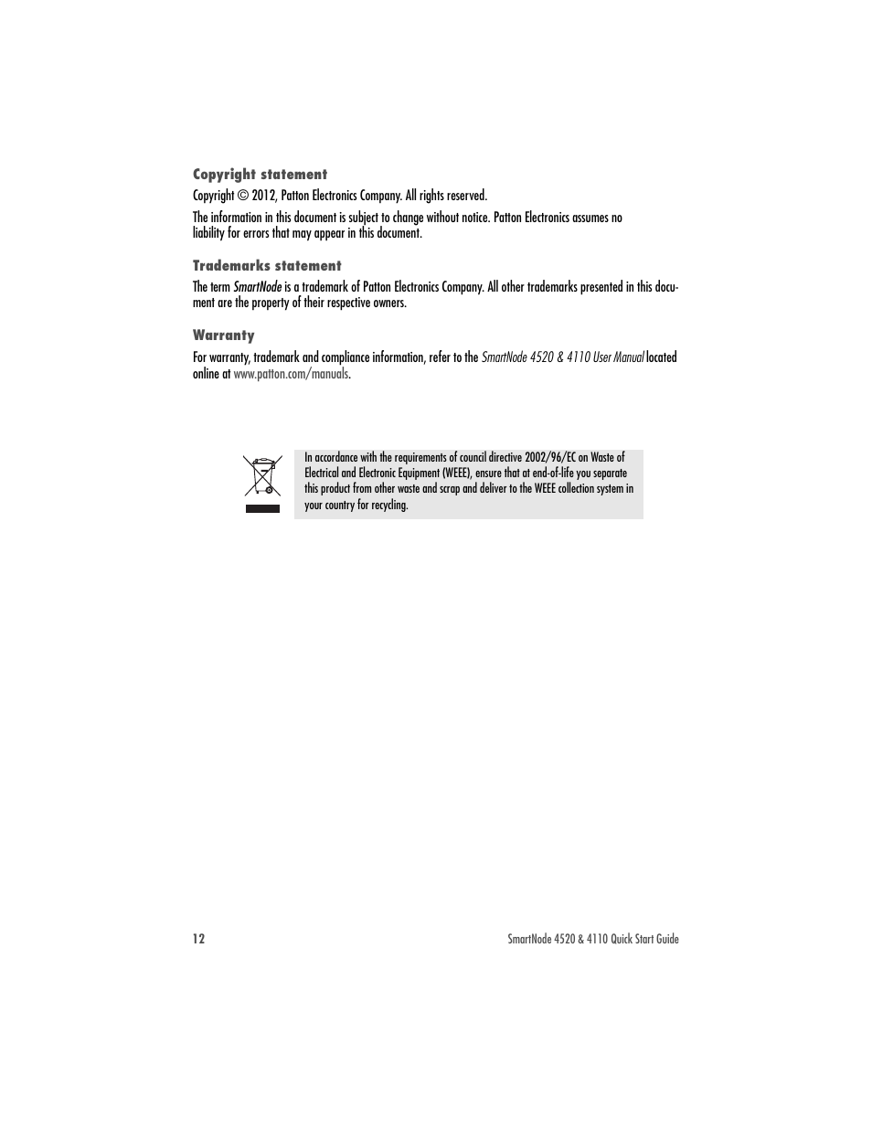 Copyright statement, Trademarks statement, Warranty | Patton electronic 4520 User Manual | Page 12 / 12