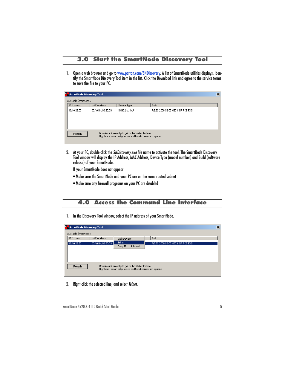 0 start the smartnode discovery tool, 0 access the command line interface | Patton electronic 4520 User Manual | Page 5 / 12