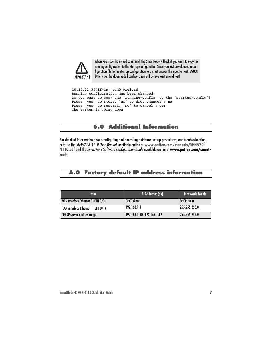 0 additional information, A.0 factory default ip address information | Patton electronic 4520 User Manual | Page 7 / 12