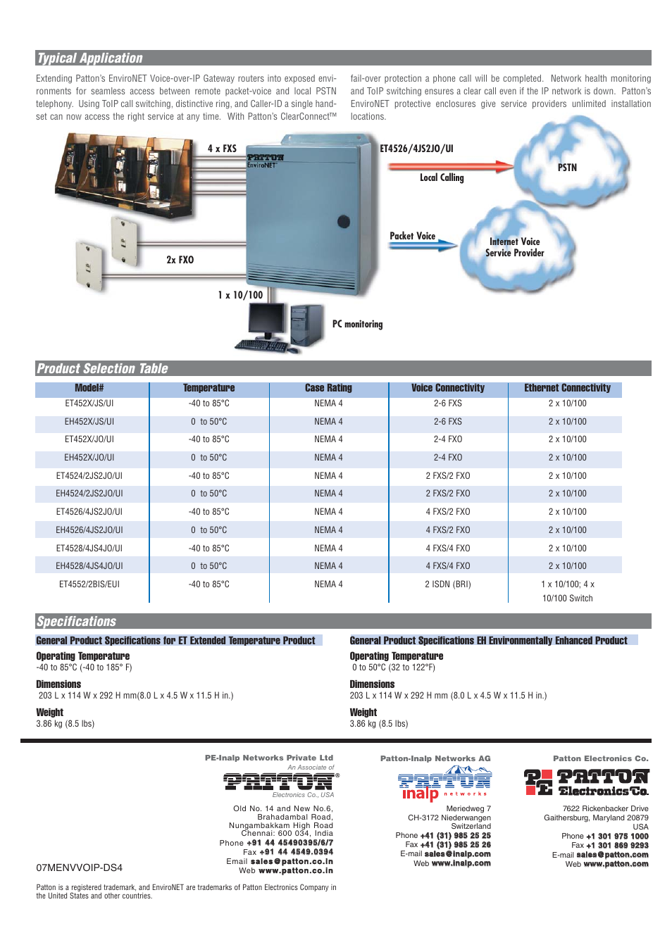 Specifications typical application, Product selection table, Dimensions | Weight, Model, Temperature, Case rating, Voice connectivity, Ethernet connectivity | Patton electronic ET4500 series User Manual | Page 2 / 2