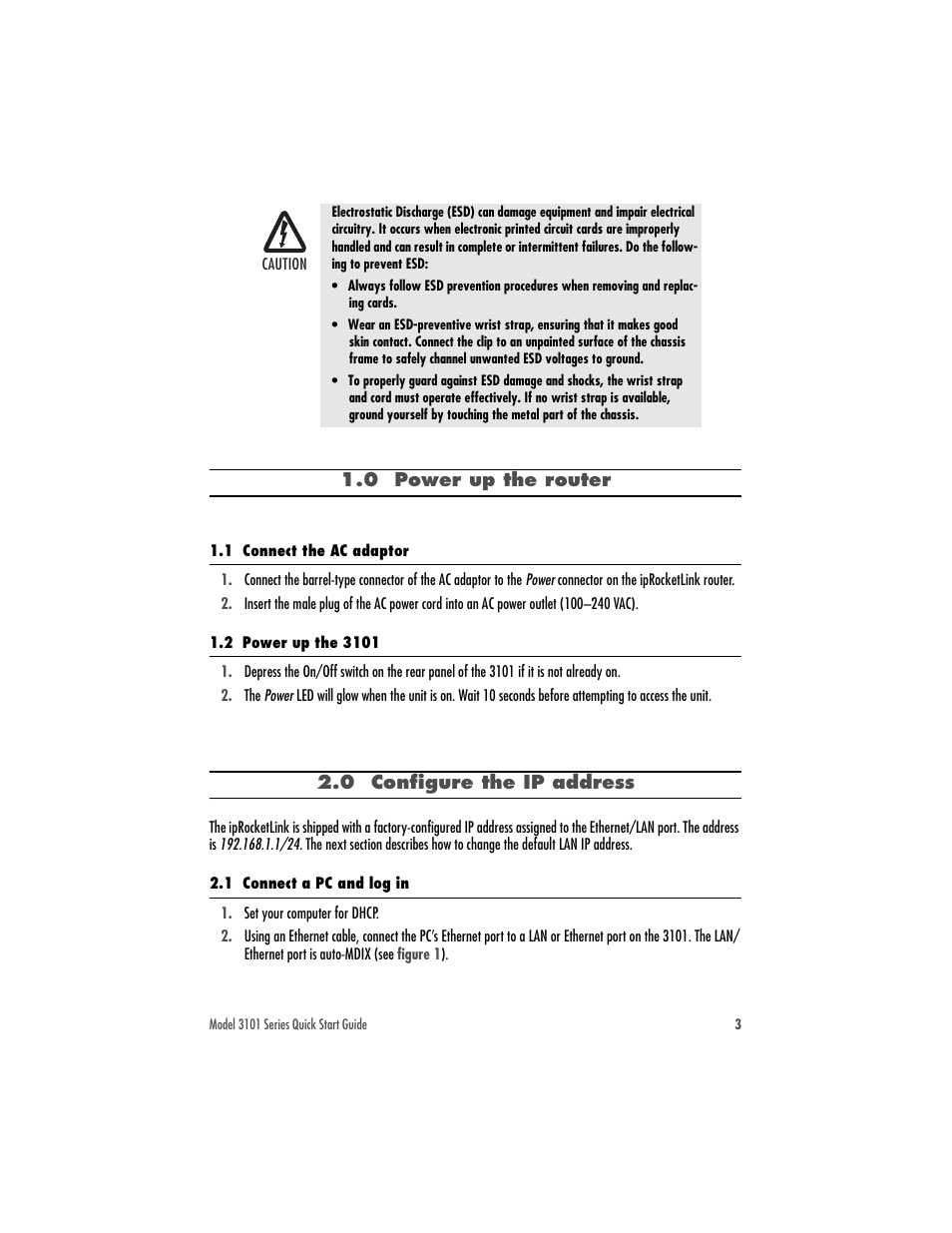 0 power up the router, 1 connect the ac adaptor, 2 power up the 3101 | 0 configure the ip address, 1 connect a pc and log in | Patton electronic IPROCKETLINK 3101 User Manual | Page 3 / 8