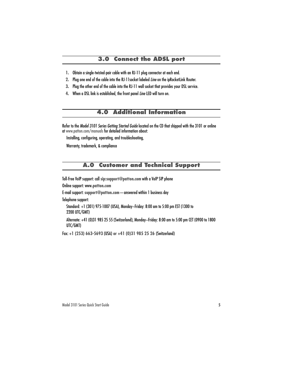 0 connect the adsl port, 0 additional information | Patton electronic IPROCKETLINK 3101 User Manual | Page 5 / 8