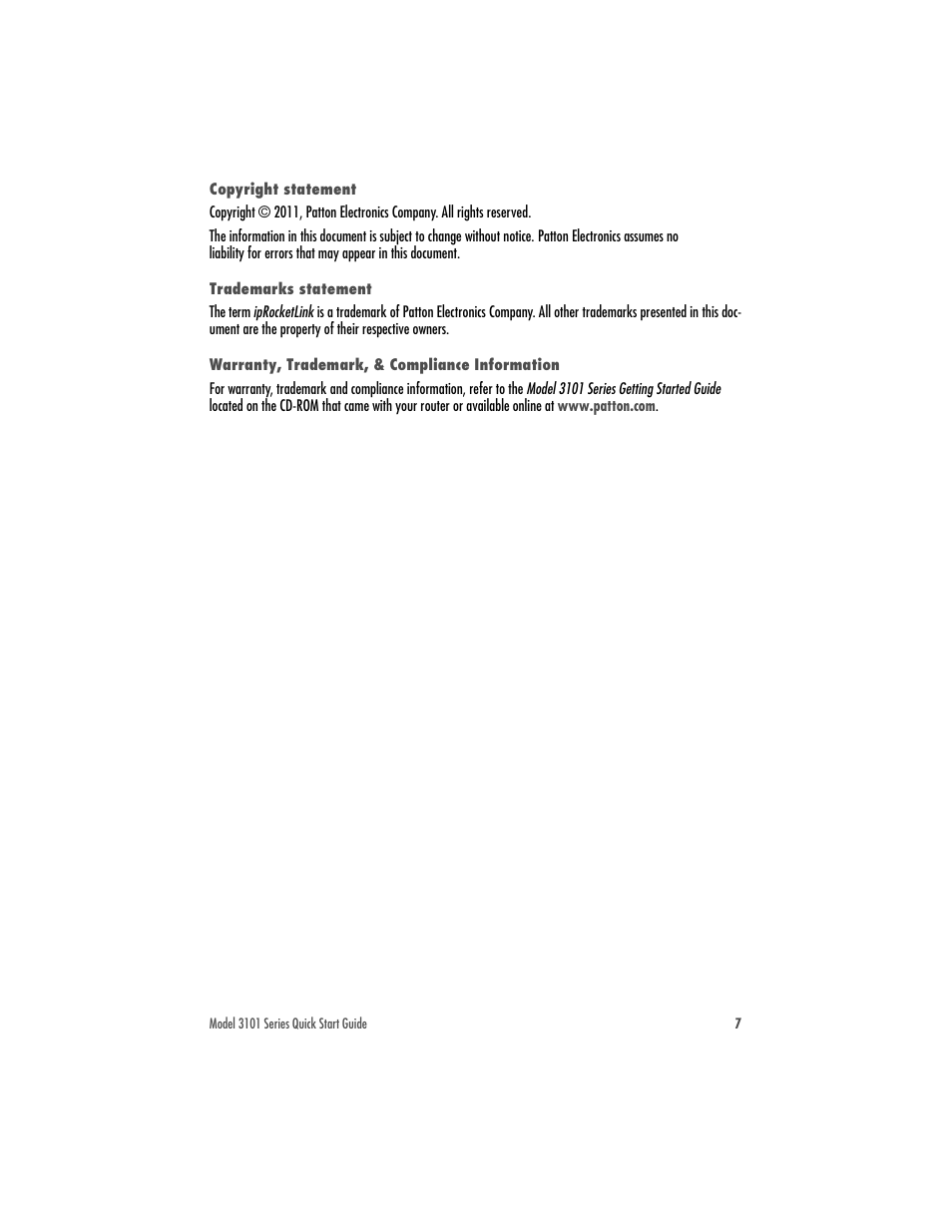 Copyright statement, Trademarks statement, Warranty, trademark, & compliance information | Patton electronic IPROCKETLINK 3101 User Manual | Page 7 / 8