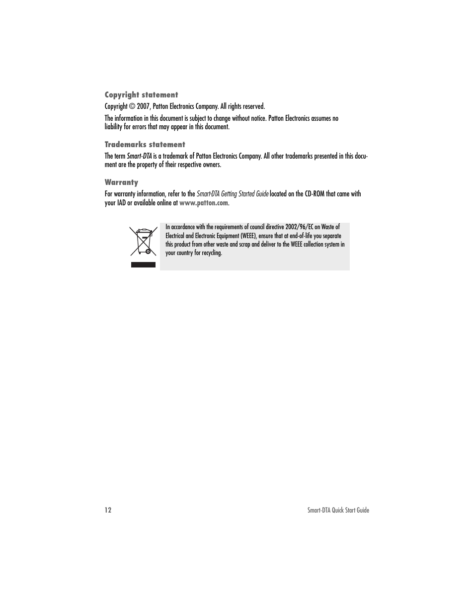 Copyright statement, Trademarks statement, Warranty | Patton electronic SMART-DTA 07MSDTA-QS User Manual | Page 12 / 12