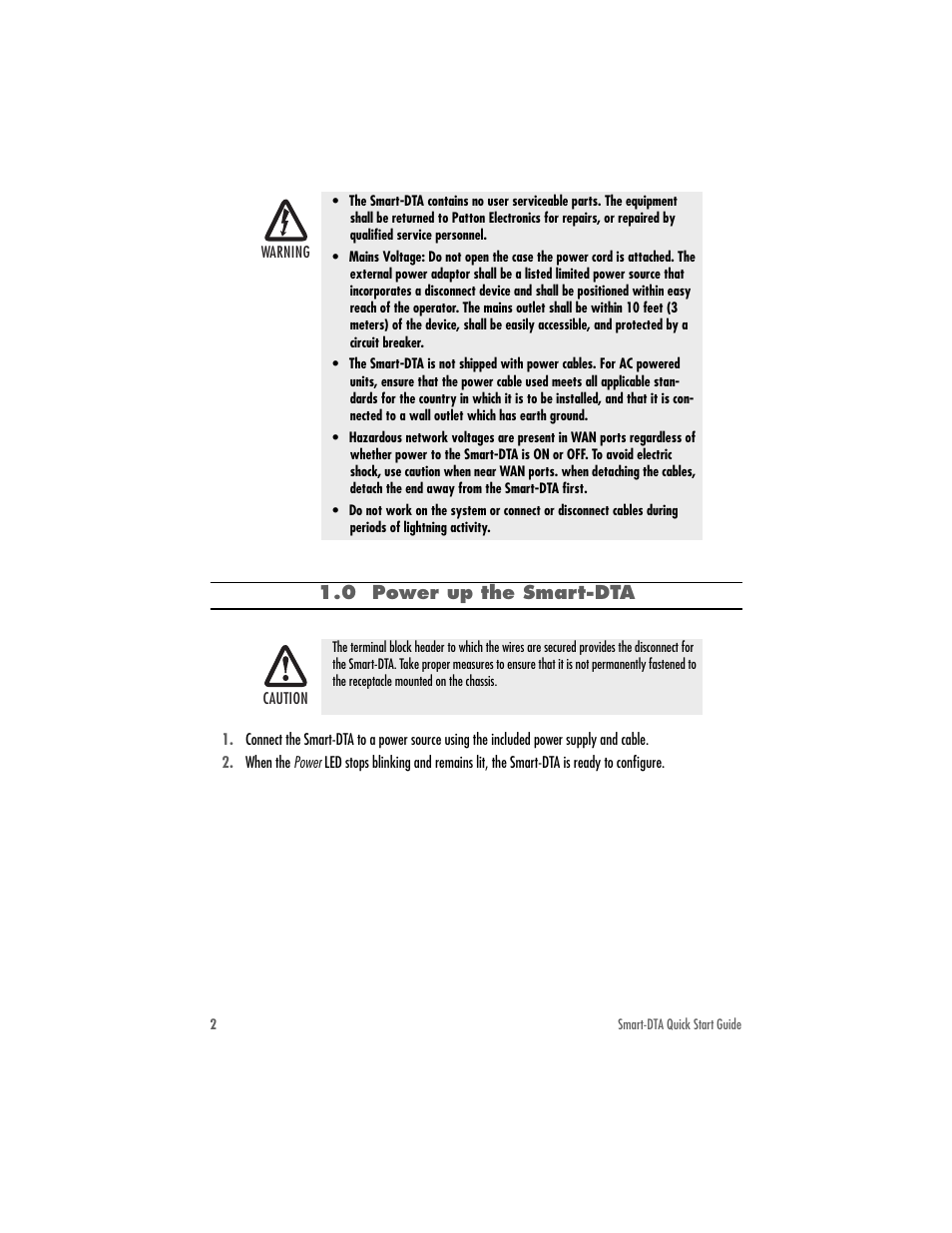 0 power up the smart-dta | Patton electronic SMART-DTA 07MSDTA-QS User Manual | Page 2 / 12