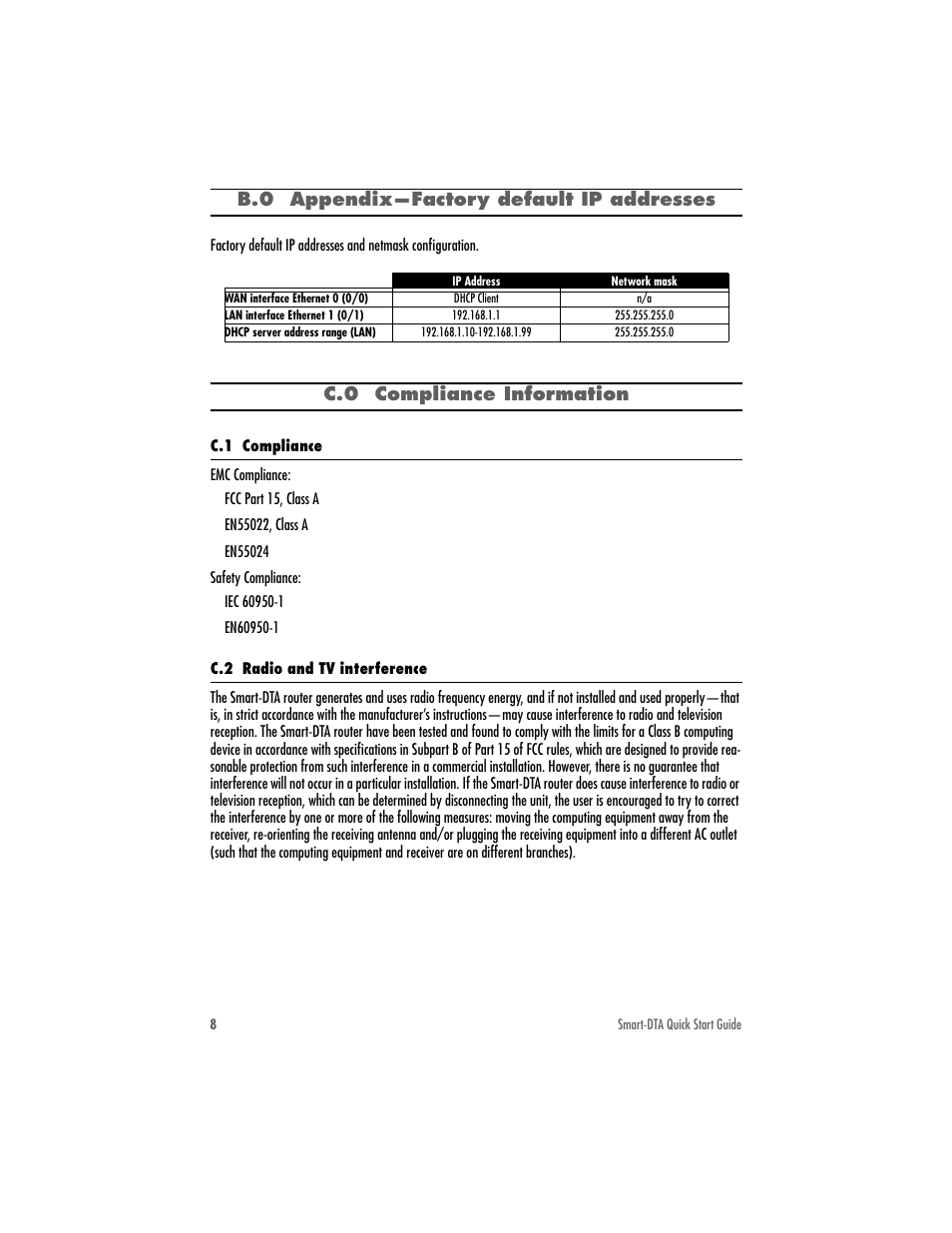 B.0 appendix—factory default ip addresses, C.0 compliance information | Patton electronic SMART-DTA 07MSDTA-QS User Manual | Page 8 / 12