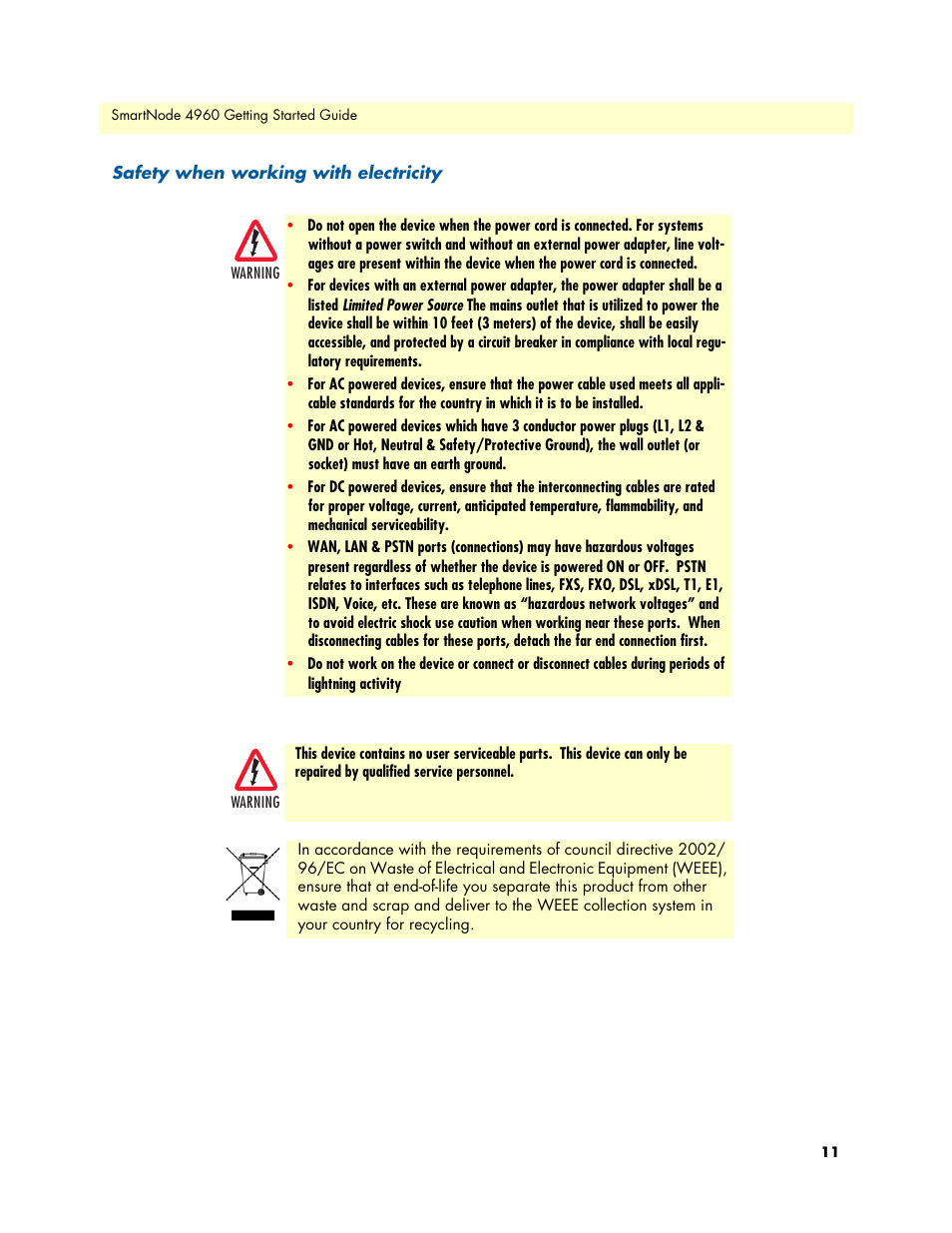 Safety when working with electricity | Patton electronic Patton SmartNode 4960 Series User Manual | Page 11 / 68