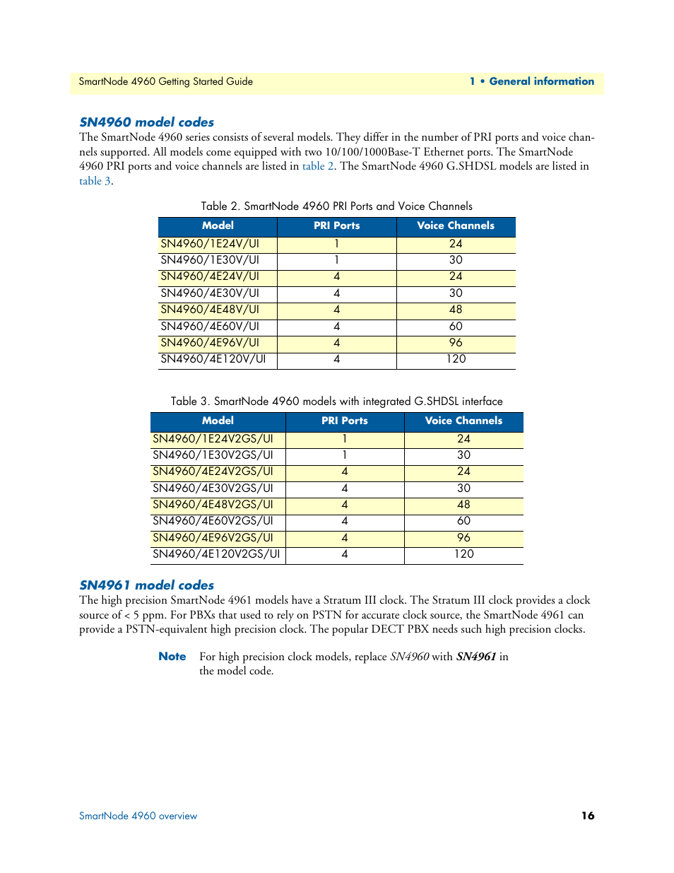 Sn4960 model codes, Sn4961 model codes, Smartnode 4960 pri ports and voice channels | Sn4961 models | Patton electronic Patton SmartNode 4960 Series User Manual | Page 15 / 68