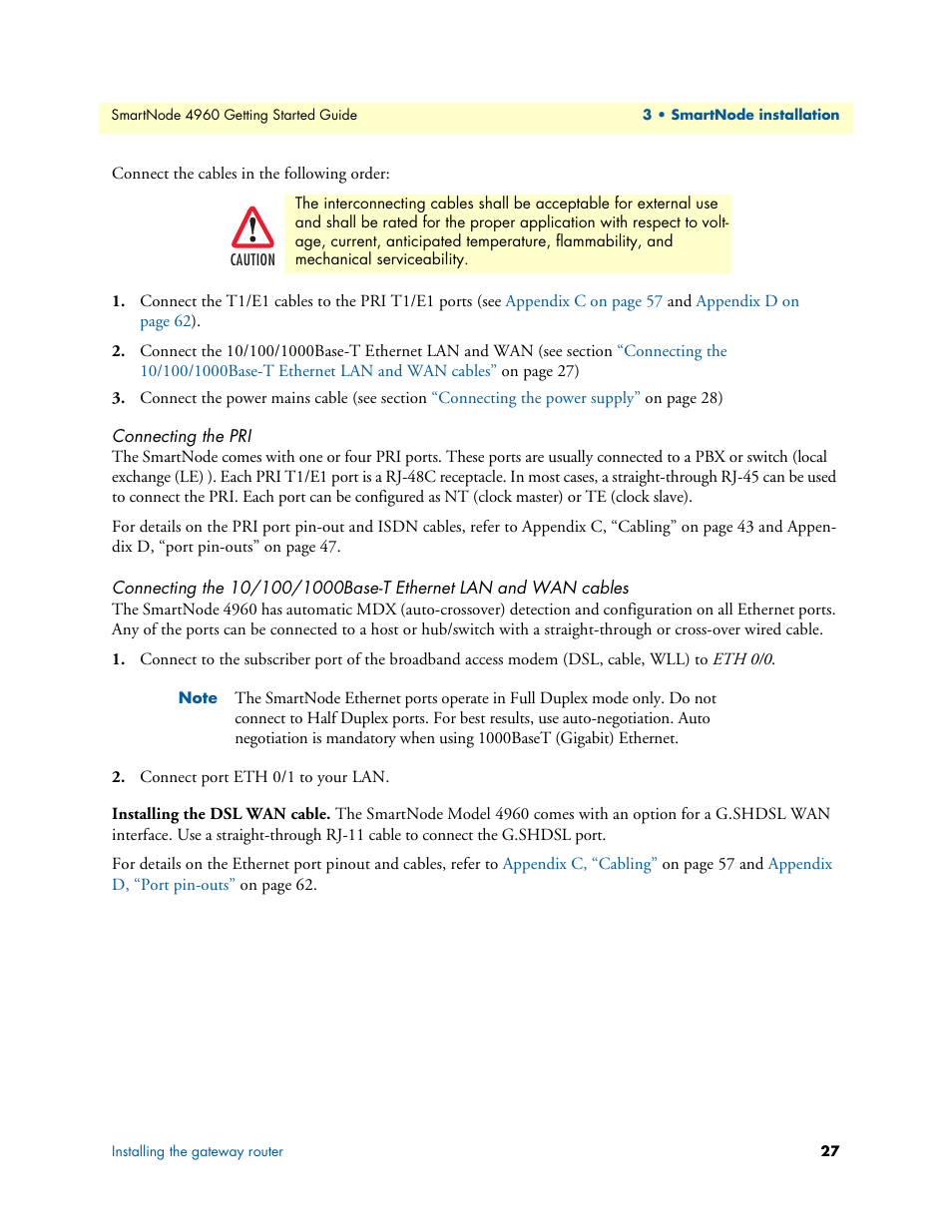 Connecting the pri, Installing the dsl wan cable | Patton electronic Patton SmartNode 4960 Series User Manual | Page 26 / 68