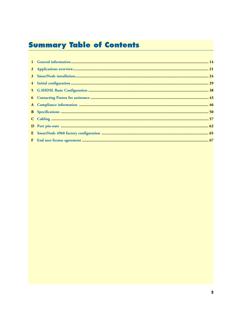 Summary table of contents, Summar y table of contents | Patton electronic Patton SmartNode 4960 Series User Manual | Page 3 / 68