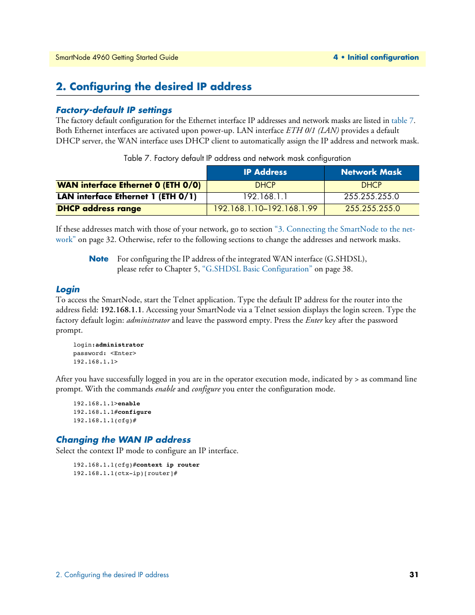 Configuring the desired ip address, Factory-default ip settings, Login | Changing the wan ip address | Patton electronic Patton SmartNode 4960 Series User Manual | Page 30 / 68